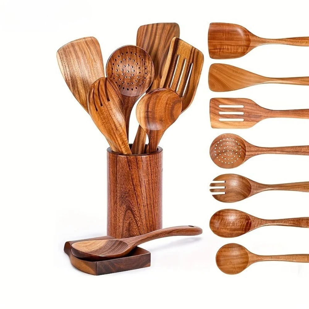 Premium Wooden Kitchen Utensil Set with Holder