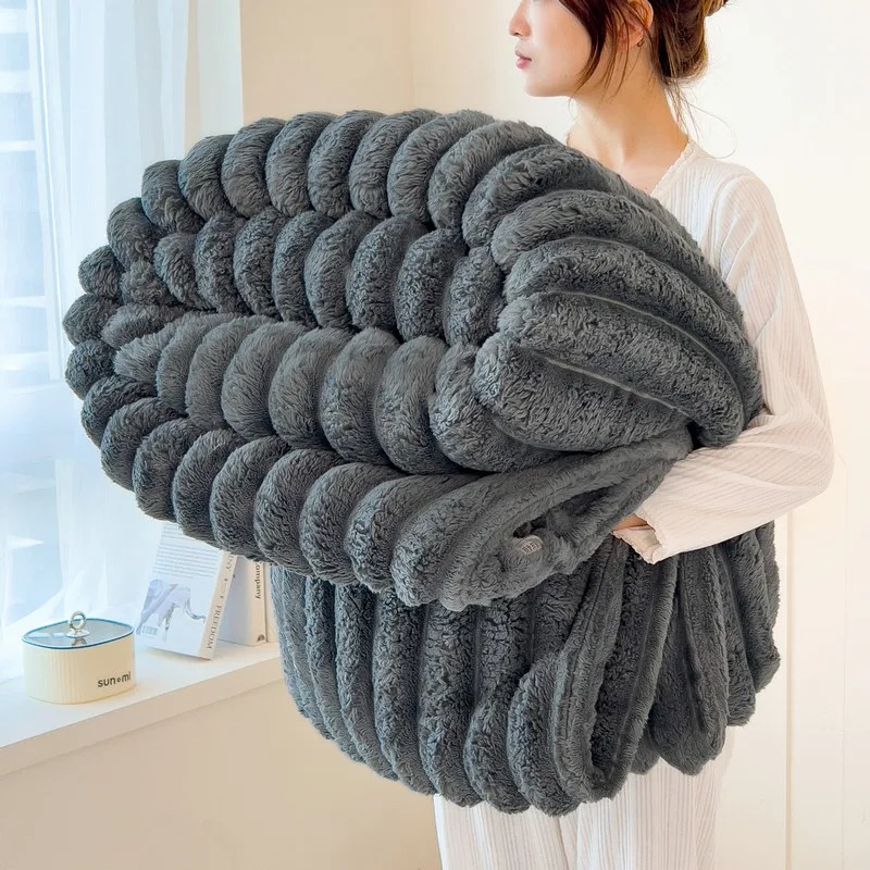 Solid Thickened Wide-Striped Flannel Multifunctional Blanket
