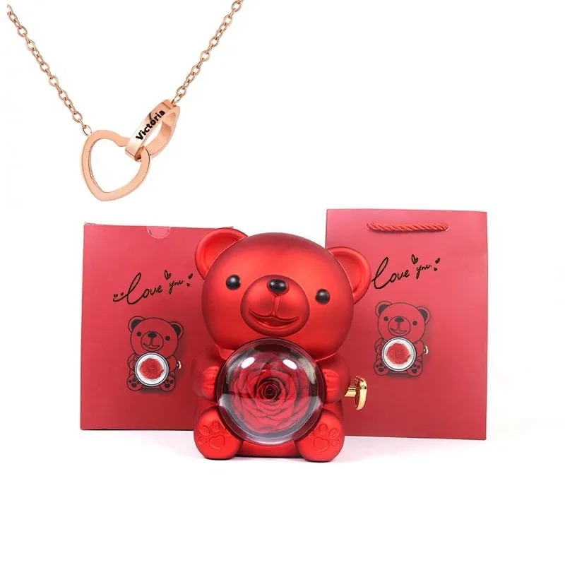 Eternal Rose Bear with Engraved Necklace